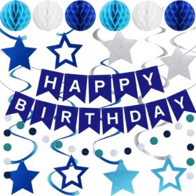 Blue Birthday Party Decorations Kit – Premium Honeycomb Balls, Swirls & Banner Set for Men, Women, Boys & Girls