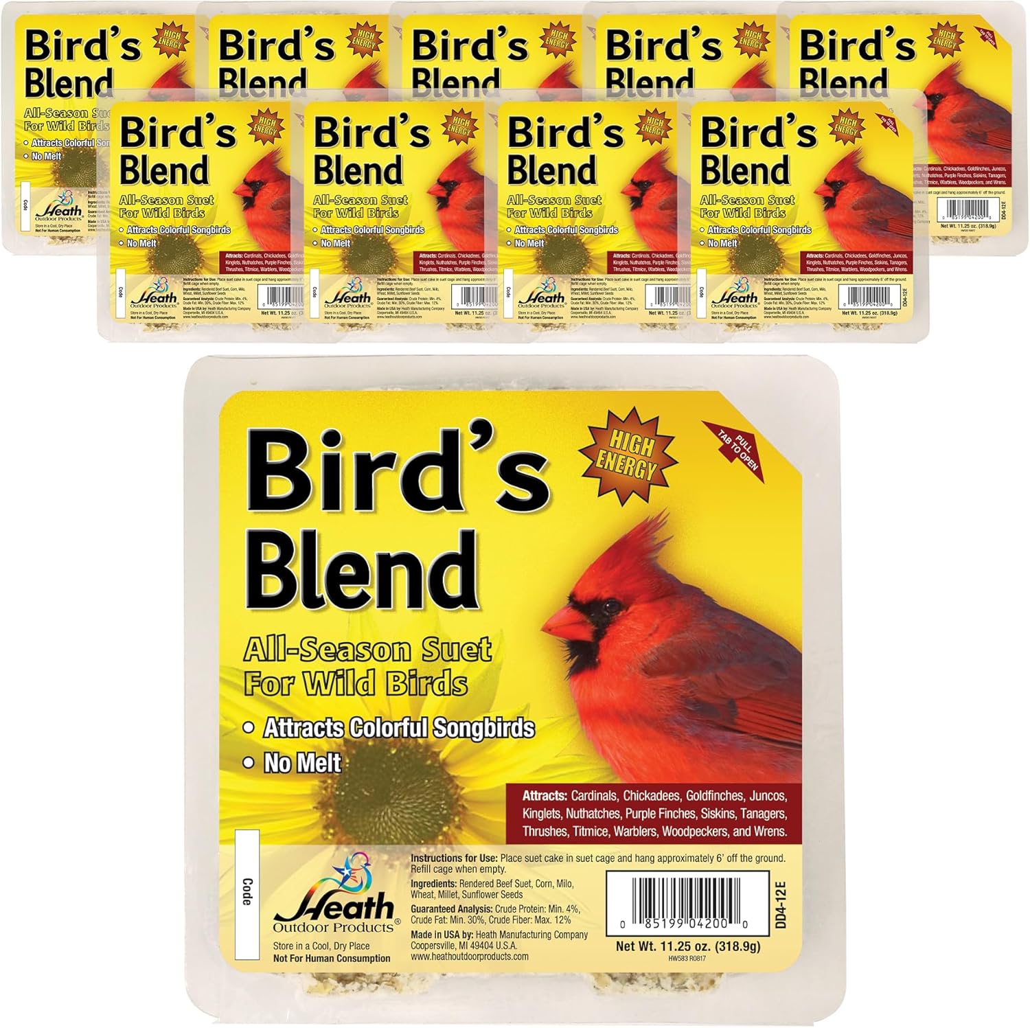 Heath Outdoor Products DD4-10 All-Season No-Melt High Energy Wild Bird Suet Cakes - Value 10 Pack