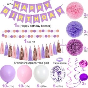 Purple and Pink Birthday Decorations Kit for Women & Girls - Includes Happy Birthday Banner, Tissue Pompoms, Tassel & Circle Dot Garlands, Swirls & 35 Latex Balloons