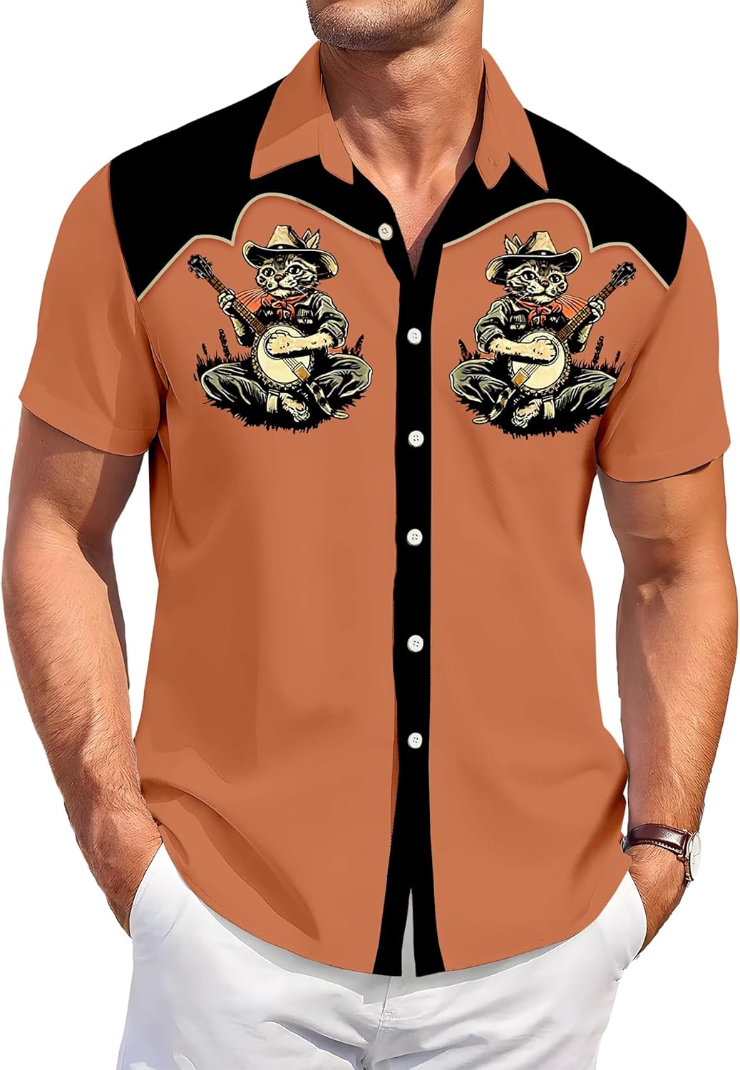 Men's Western Yoke Aloha Shirt - Mint Blue Tropical Palm & Cocktail Print Short Sleeve Button-Up