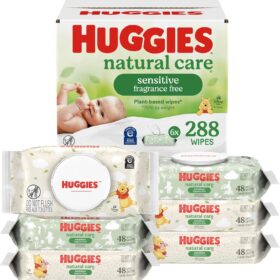Huggies Natural Care Sensitive Baby Wipes – Hypoallergenic, Unscented & Plant-Based, 6 Flip-Top Packs (288 Count)