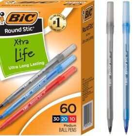 BIC Round Stic Xtra Life Ballpoint Pens - 60 Count Bulk Pack of Medium Point (1.0mm) Retractable Pens, Flexible Barrel, Assorted Colors