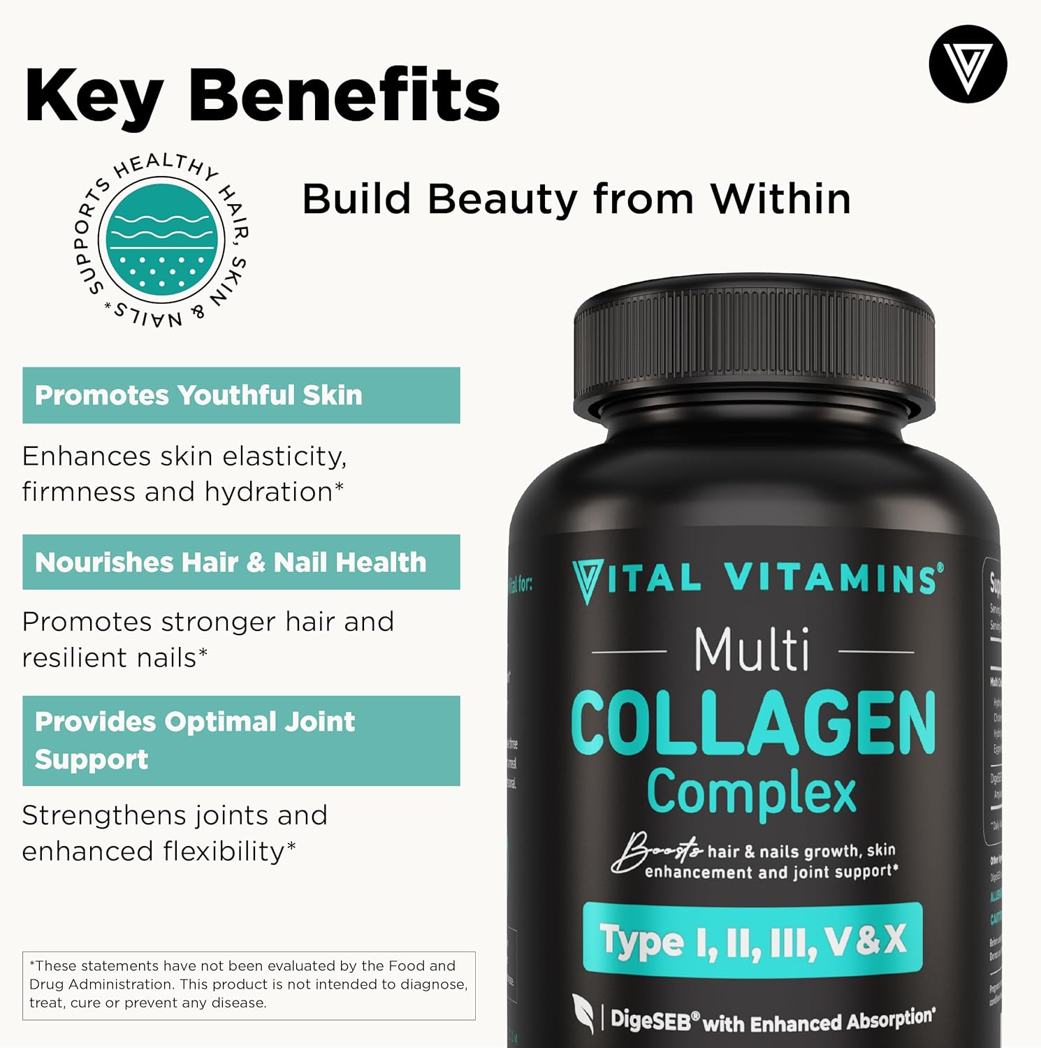 Vital Vitamins Multi Collagen Complex - 5 Types (I, II, III, V, X) Hydrolyzed Peptides for Women & Men - Supports Hair, Skin, Nails, Joints & Gut - Grass Fed, Non-GMO - 150 Capsules
