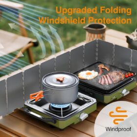 ODSD 2-Burner Portable Camping Stove with Windshield – 20,000 BTU Propane Camp Stove with Coffee Stand, Frying Pan, and Carry Bag – Ideal for Outdoor Cooking, Hiking, and Tailgating (Green)