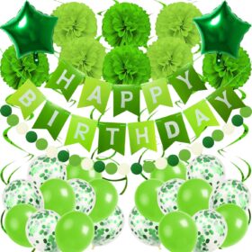 Recosis Green Birthday Party Decorations Kit – Wild One Safari Dinosaur Theme with Banner, Balloons, Pompoms & Swirls