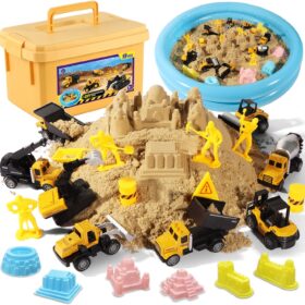 Deluxe Construction Sand Kit with 2.2 lbs Magic Sand, 8 Alloy Trucks, Inflatable Sandbox & Molds - Ultimate Sensory Playset for Boys & Girls