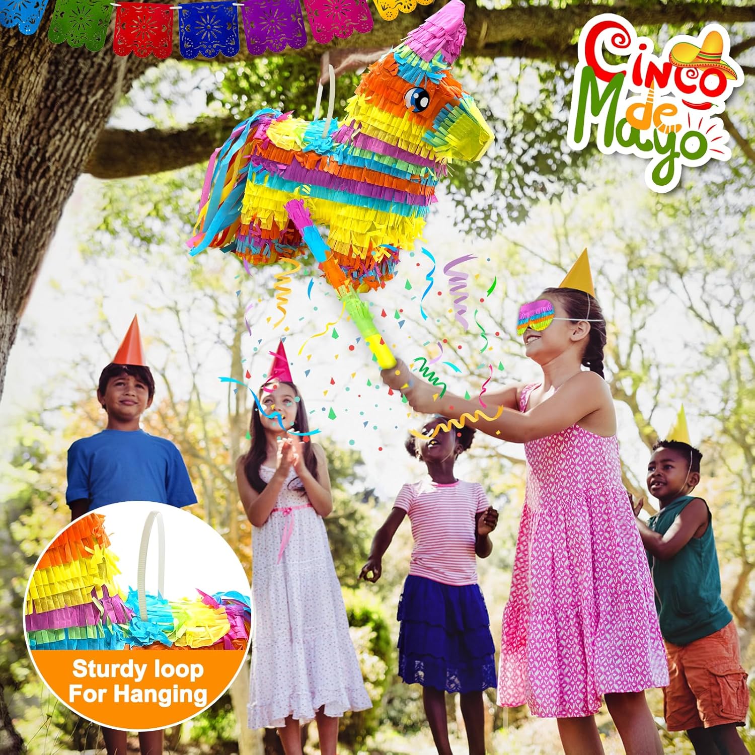 16" Rainbow Donkey Piñata Set with Stick & Blindfold & 6 Mini Table Toppers - Fiesta & Taco Tuesday Party Decorations