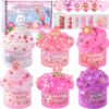 Pink Slime Kit for Girls – 6 Pack Cloud, Butter & Crystal Slime Set with Charms – Non-Sticky Stress Relief Sensory Toys for Kids (Ages 4-10)