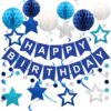 Blue Birthday Decorations Kit - Happy Birthday Banner, Honeycomb Balls, Hanging Swirls & Star Streamers for Men, Women, Boys & Girls Party Supplies