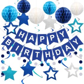 Blue Birthday Decorations Kit - Happy Birthday Banner, Honeycomb Balls, Hanging Swirls & Star Streamers for Men, Women, Boys & Girls Party Supplies
