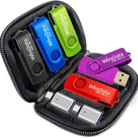 5-Pack 64GB USB Flash Drives with USB-C Adapters – High-Capacity Memory Stick Set in Portable Storage Case for Laptop, PC, and Android Smartphones