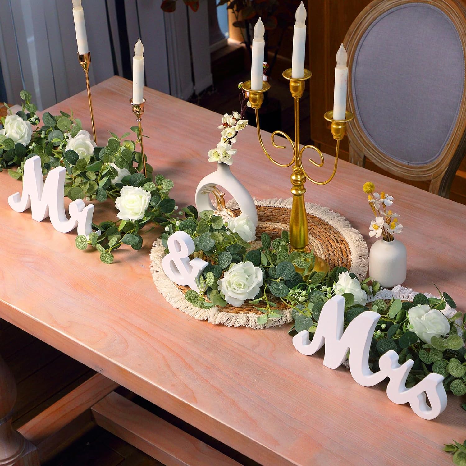 Mr & Mrs Wedding Table Decorations with 5.9ft Faux White Rose Garland - Rustic Wooden Letter Signs for Sweetheart Head Table, Engagement & Bridal Shower Centerpieces