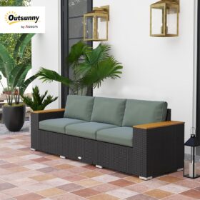 Outsunny 3-Person Outdoor Patio Sofa – Dark Gray PE Wicker Couch with 24.5" Deep Seats, Wide Armrests, and 4" Cushions
