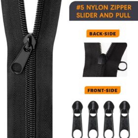 10 Yards #5 Black Nylon Coil Zipper Roll with 20 Metal Sliders – Bulk DIY Sewing Tape for Clothes, Bags & Crafts