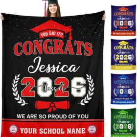 Personalized Class of 2026 Graduation Blanket - Custom Senior Year Gift for Her & Him, Soft Flannel Throw with Name & School Colors