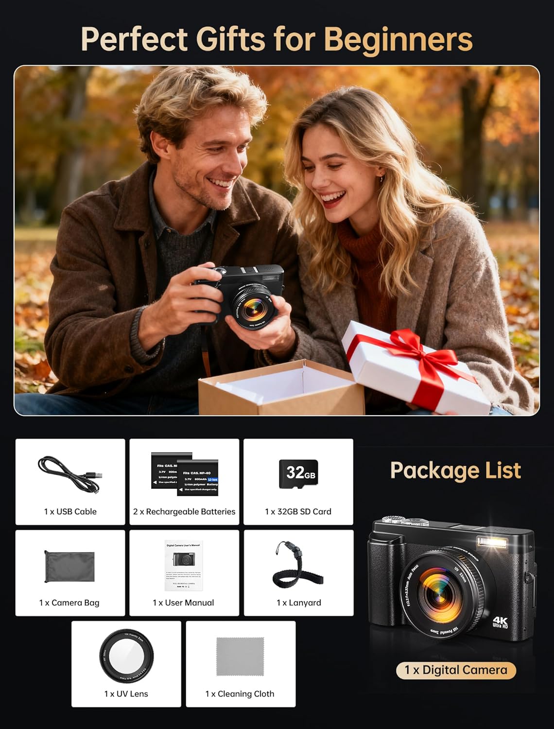 4K Vlogging Camera for Photography with 180° Flip Screen, 64MP Autofocus Point & Shoot Digital Camera, 16X Zoom WiFi for YouTube & Live Streaming (Includes 32GB SD Card & 2 Batteries)