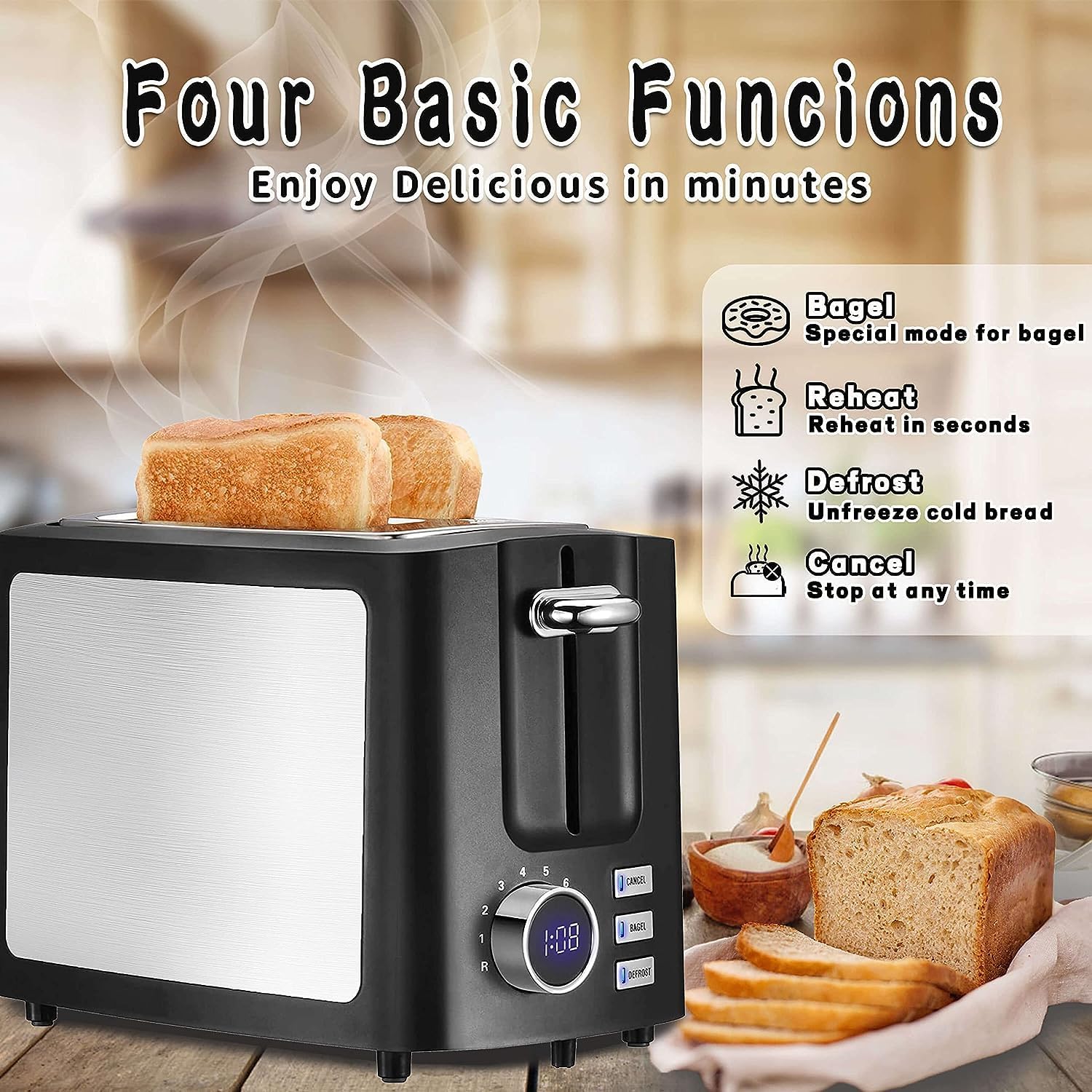 2 Slice Digital Toaster with LCD Timer - 1.5 Inch Wide Slot Stainless Steel Smart Bread Toaster with Bagel, Defrost, Cancel, Reheat Modes, Removable Crumb Tray & 9 Browning Settings for Home Kitchen