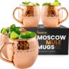 Moscow-Mix Premium 100% Pure Copper Moscow Mule Mugs - Set of 4, Handcrafted Large 16 Oz Drinkware with Handle - Solid Copper Cups for Cocktails, Beer, and Home Bar Gifts