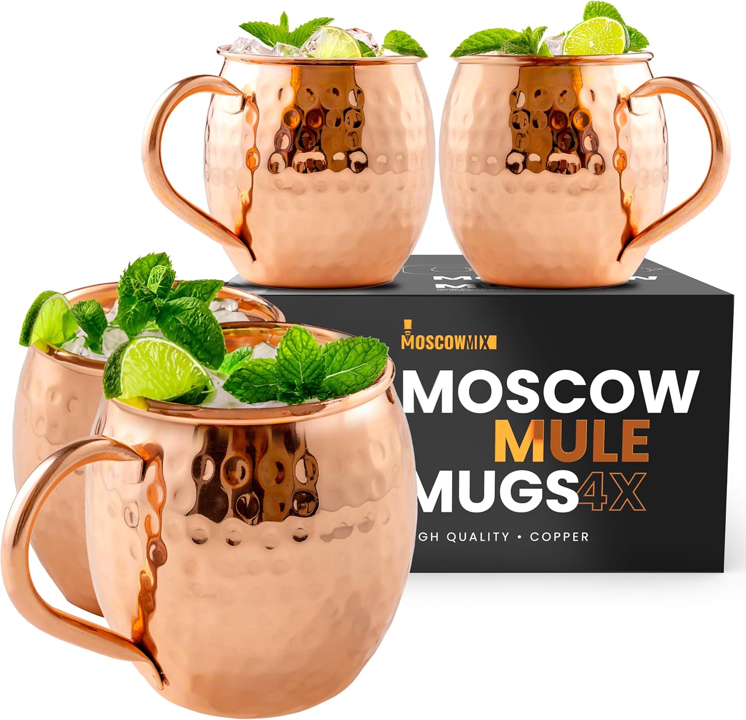 Moscow-Mix Premium 100% Pure Copper Moscow Mule Mugs - Set of 4, Handcrafted Large 16 Oz Drinkware with Handle - Solid Copper Cups for Cocktails, Beer, and Home Bar Gifts