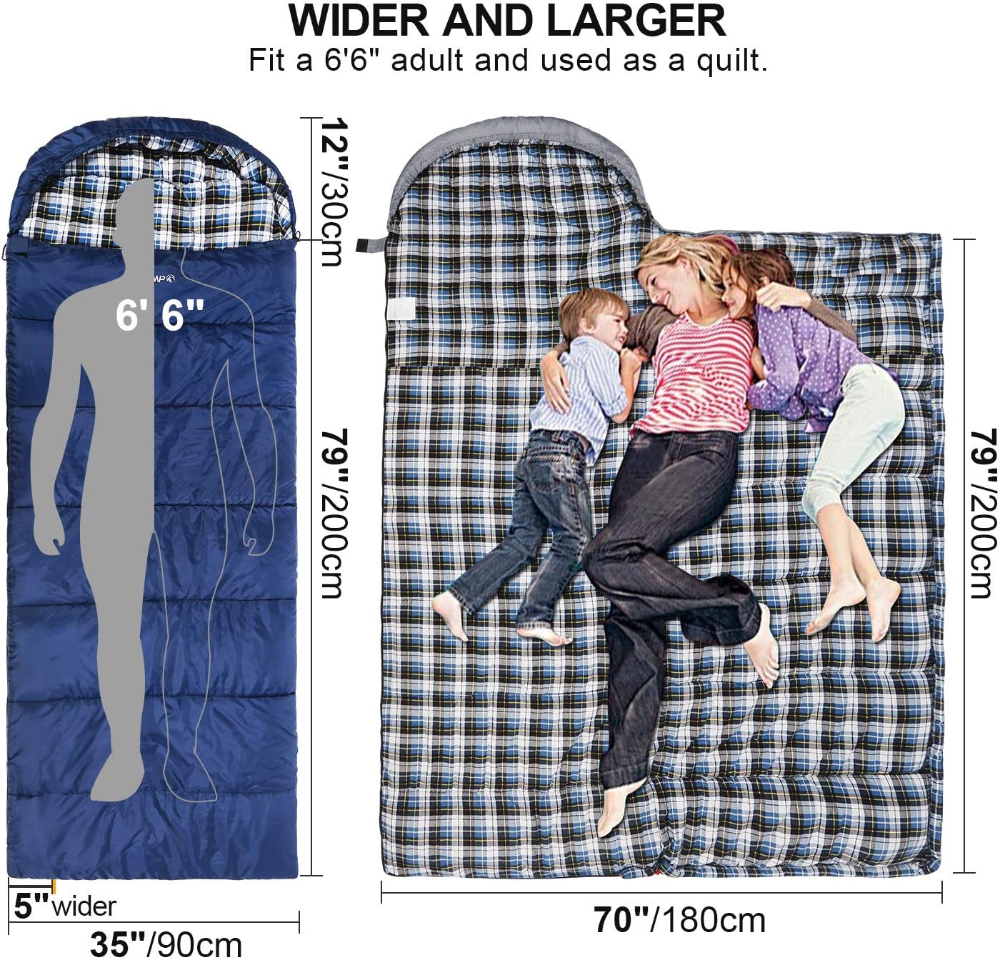 REDCAMP Cotton Flannel Sleeping Bag for Adults - Extra Wide & Warm Camping Bag with Detachable Hood & Compression Sack
