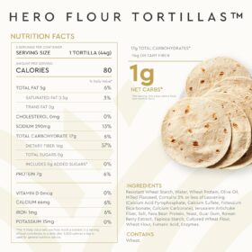 Hero Flour Tortillas – Low Carb, High Fiber Wraps | 1g Net Carb, 80 Cal, Keto Friendly (24 Count, 4 Packs)