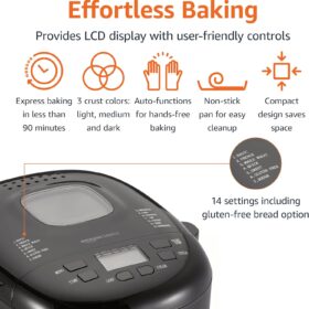 Amazon Basics 2lb Programmable Bread Maker - 14-in-1 Non-Stick Machine with Gluten-Free Settings & LCD Display, Black