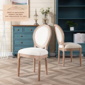 Nrizc French Country Dining Chairs Set of 4 - Farmhouse Upholstered Side Chairs with Solid Oak Wood Legs & Linen Fabric Round Back