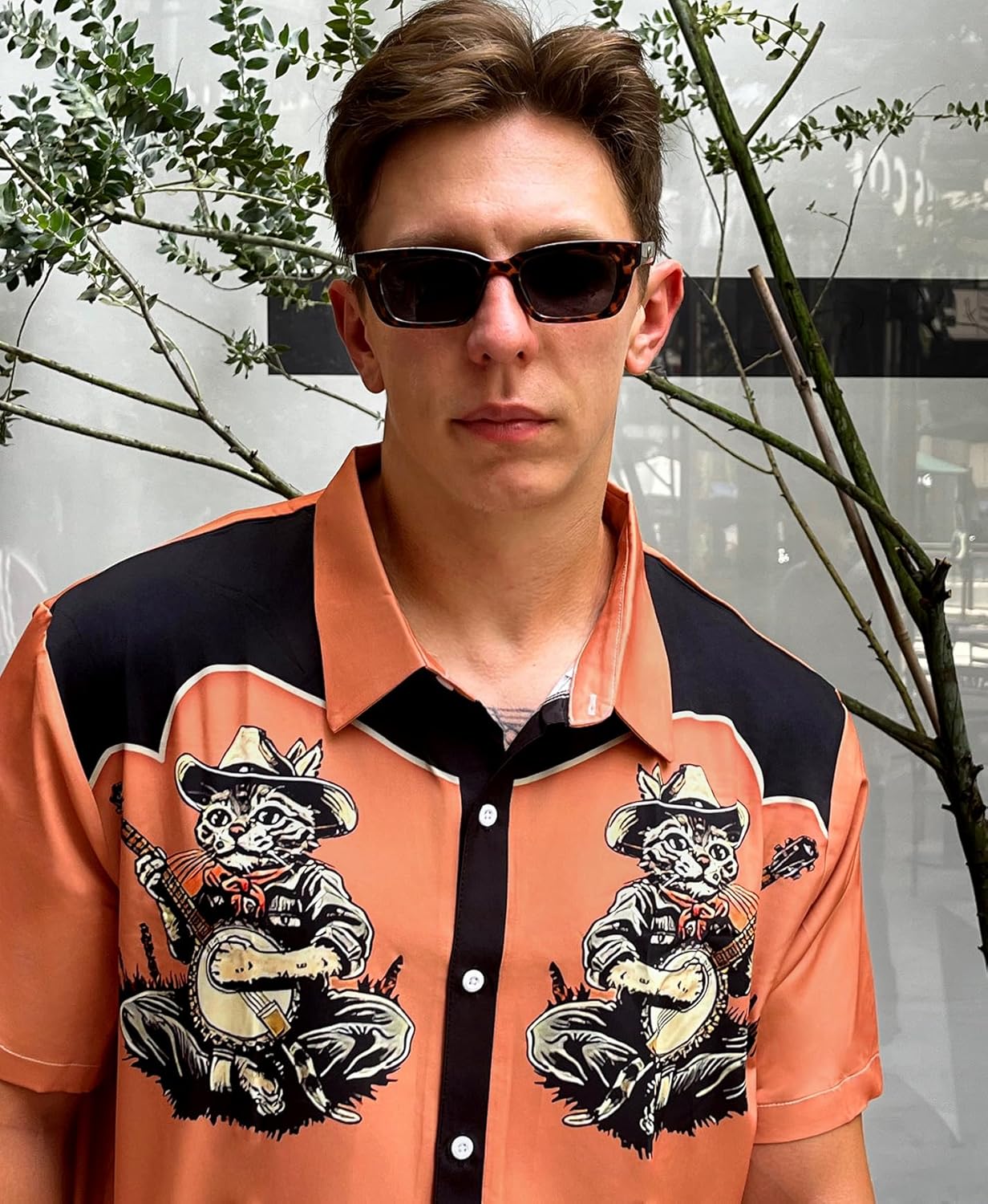 Men's Western Yoke Aloha Shirt - Mint Blue Tropical Palm & Cocktail Print Short Sleeve Button-Up