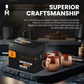 Moscow-Mix Premium 100% Pure Copper Moscow Mule Mugs - Set of 4, Handcrafted Large 16 Oz Drinkware with Handle - Solid Copper Cups for Cocktails, Beer, and Home Bar Gifts