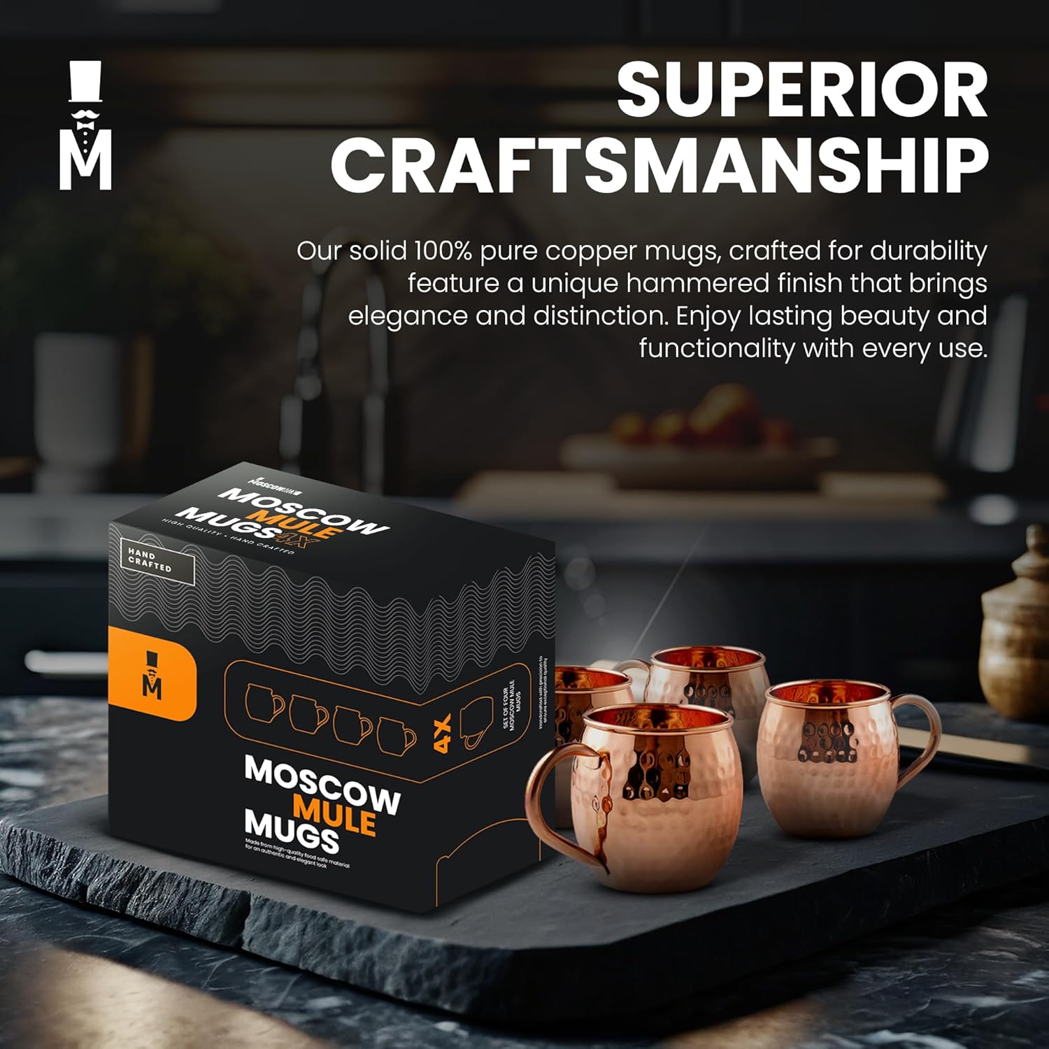 Moscow-Mix Premium 100% Pure Copper Moscow Mule Mugs - Set of 4, Handcrafted Large 16 Oz Drinkware with Handle - Solid Copper Cups for Cocktails, Beer, and Home Bar Gifts