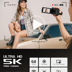 5K Video Camera Camcorder with 64MP Photography, 3” Touch Screen & 270° Flip Display – Vlogging Kit with Microphone, 32GB Card, 2 Batteries & Tripod