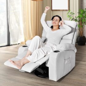 LEVELEVE Swivel Rocker Recliner with Heat & Massage - 360° Faux Leather Chair with USB & Type-C Ports, Light Grey