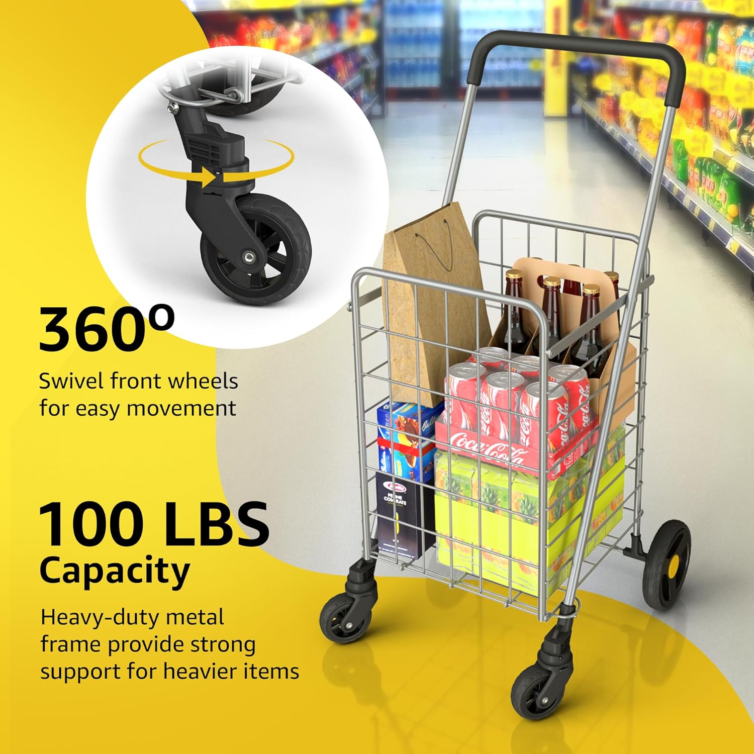 VersaHaul Heavy-Duty Folding Shopping Utility Cart with 360° Swivel Wheels - Lightweight, Collapsible Grocery & Laundry Cart - Silver