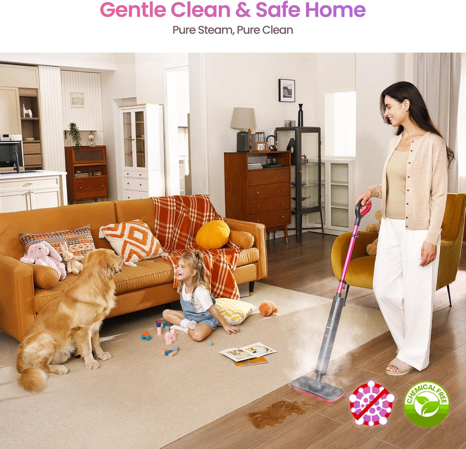 Schenley Pink Steam Mop - 15s Heat Up, Lightweight Hardwood & Tile Floor Steamer with Washable Pads, Carpet Glider, 248°F Sanitizing