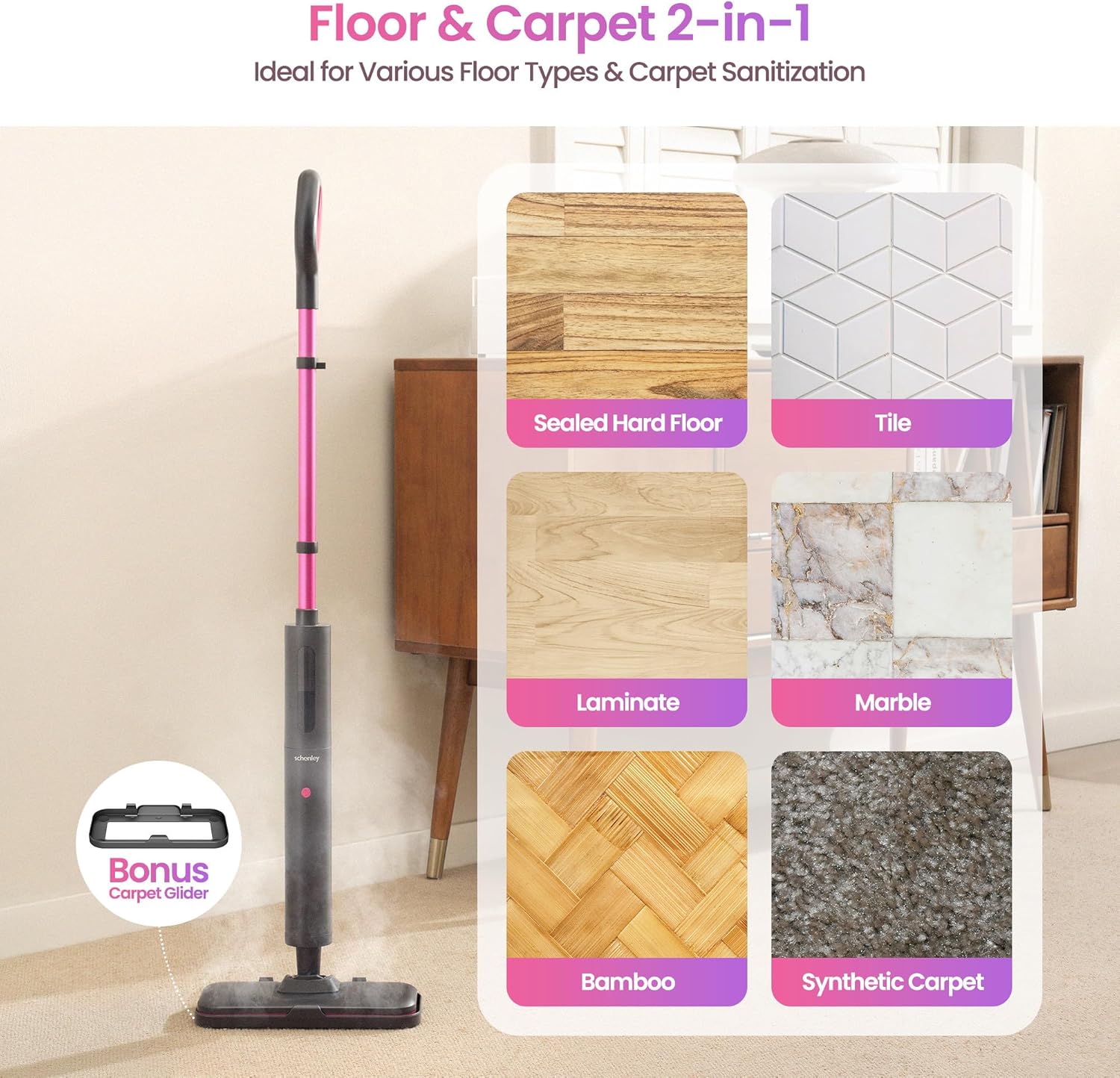 Schenley Pink Steam Mop - 15s Heat Up, Lightweight Hardwood & Tile Floor Steamer with Washable Pads, Carpet Glider, 248°F Sanitizing