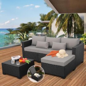 3-Piece Outdoor Sectional Patio Furniture Set – All-Weather Wicker Sofa with Ottoman, Storage Table & Thick Cushions – Light Grey