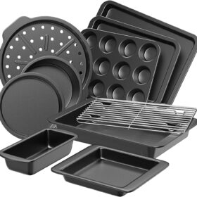 HONGBAKE 10-Piece Nonstick Bakeware Set – Grey Carbon Steel Baking Pans with Wide Handles, Includes Cookie Sheet, Cake Pans, Muffin Tin, Loaf Pan & Pizza Pan
