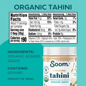 Soom Foods Premium Organic Tahini – 11oz Jar of Roasted Sesame Paste – Vegan, Nut-Free, Keto & Paleo Butter for Hummus, Sauces, and Baking
