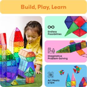 PicassoTiles 60-Piece Clear Magnetic Building Tiles Set – STEM Educational Construction Toys for Kids