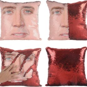 Nicolas Cage Sequin Pillow Cover – Reversible Mermaid Pillow Case, Funny Gag & White Elephant Gift, 16x16 Inch Decorative Cushion Insert