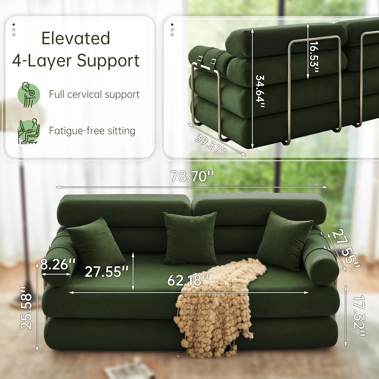 YINIX 35'' High-Back Floor Sofa Bed – Convertible Folding Sleeper Couch with Rounded Armrests – All-Memory Foam Lounge Chair for Living Room & Bedroom (Green)