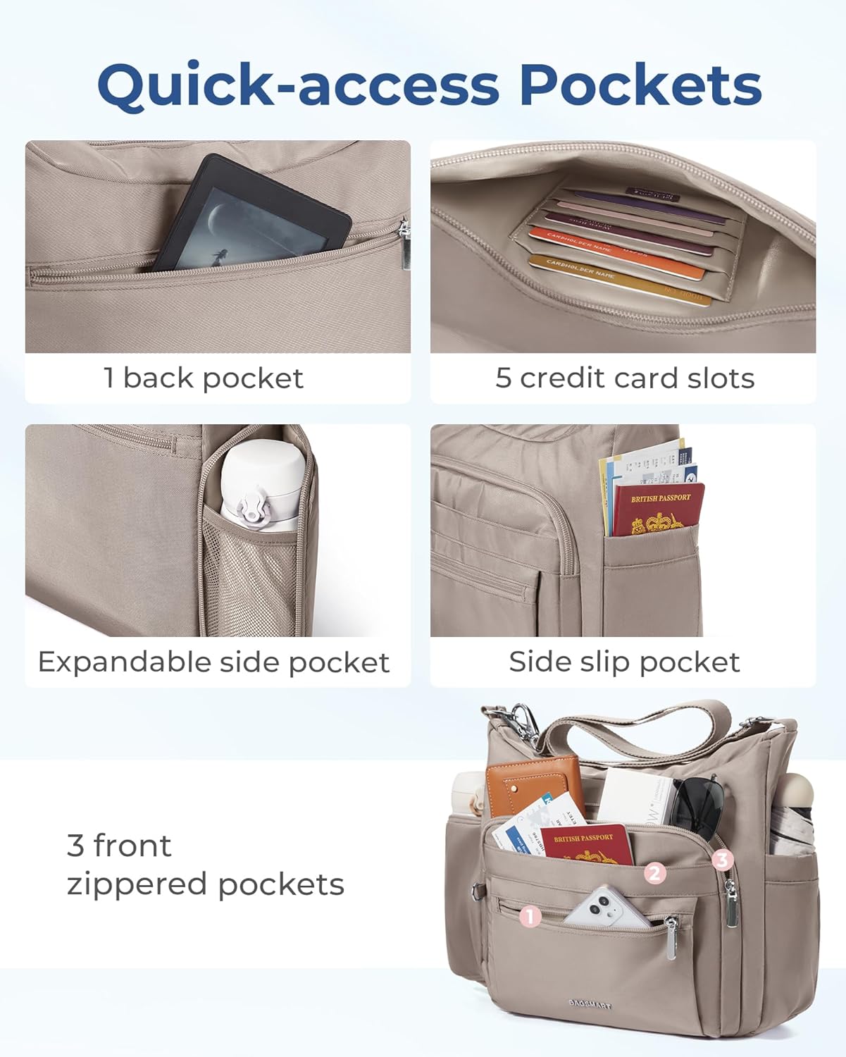 BAGSMART Convertible Tote Bag for Women – Multi-Pocket Crossbody Shoulder Purse with Top Handle