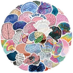 50Pcs Cute Brain Stickers for Kids & Adults - Funny Cartoon Vinyl Decals, Waterproof Mental Health & Biology Stickers for Water Bottles, Laptops, Scrapbooks