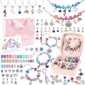 Girls Charm Bracelet Making Kit - DIY Jewelry Crafts Set for Kids with 70+ Beads, 3 Snake Chain Bracelets & Portable Storage Box - Creative Birthday Gifts for Ages 6 7 8 9 10