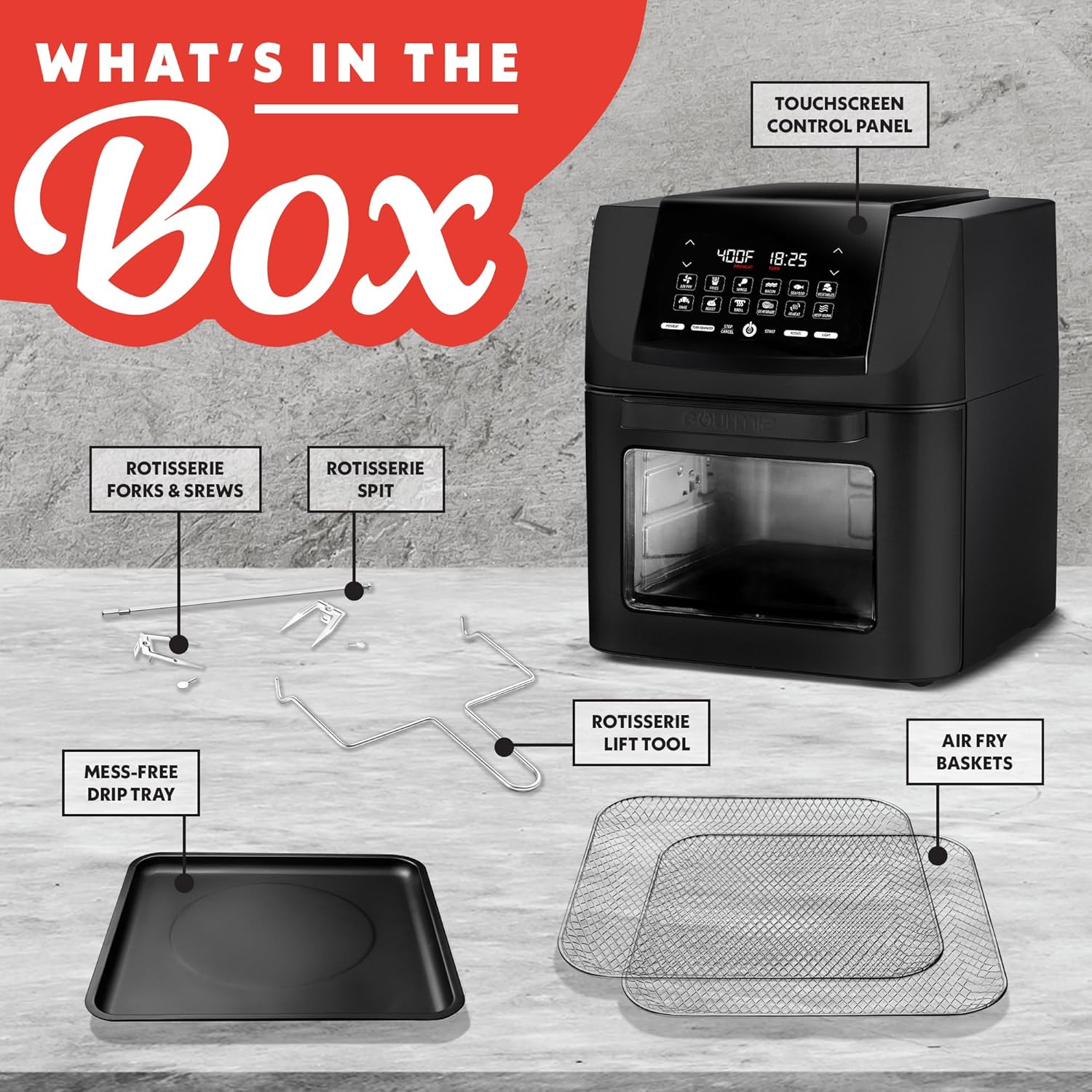 Gourmia 14-Qt Digital Air Fryer Oven with Rotisserie & Dehydrator - 12 Presets, 1750W, Black