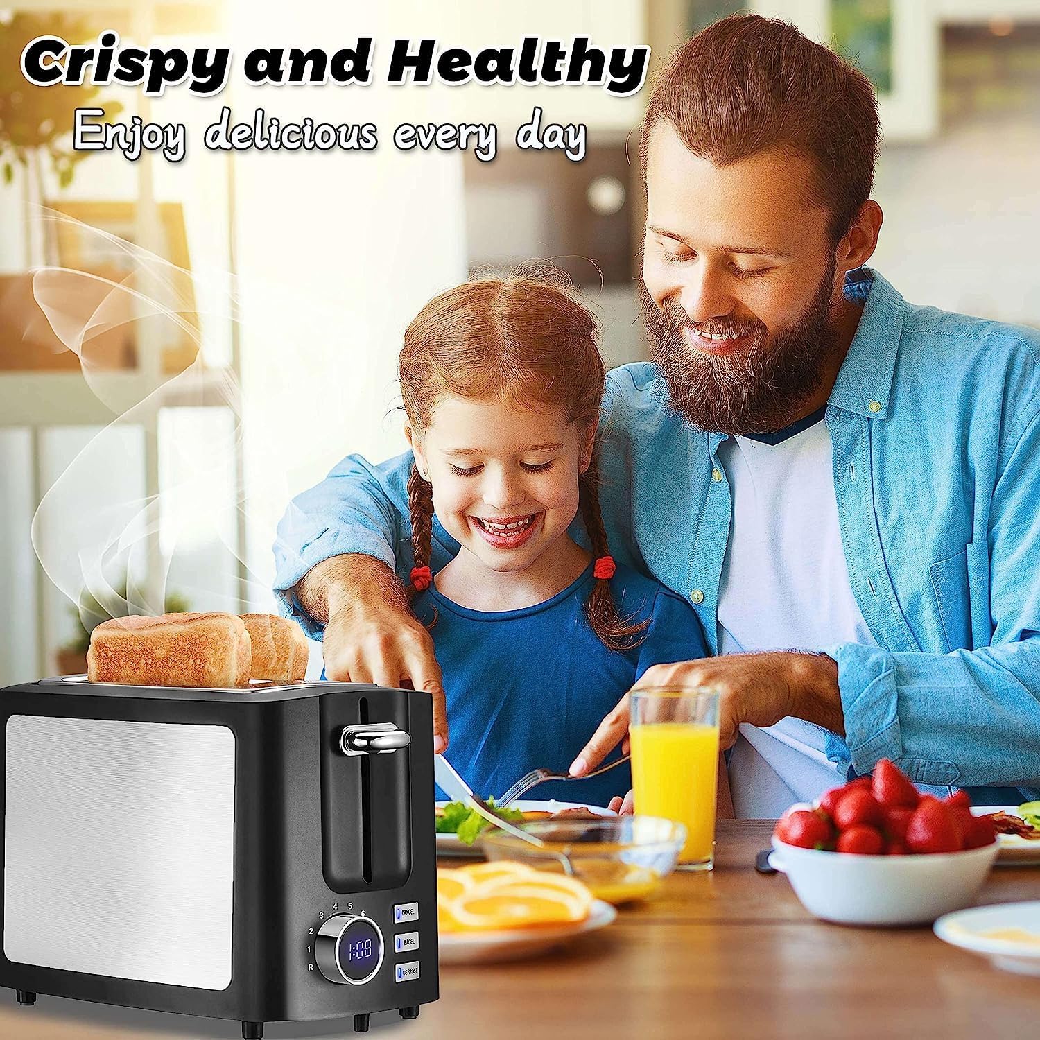 2 Slice Digital Toaster with LCD Timer - 1.5 Inch Wide Slot Stainless Steel Smart Bread Toaster with Bagel, Defrost, Cancel, Reheat Modes, Removable Crumb Tray & 9 Browning Settings for Home Kitchen