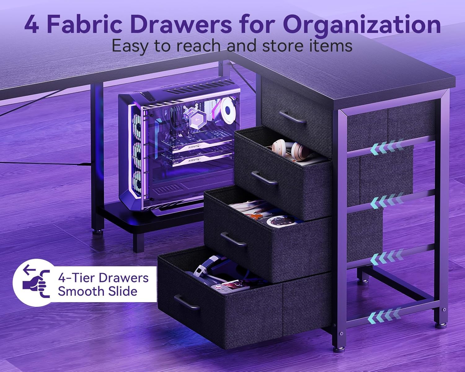 AODK L Shaped Gaming Desk with Power Outlets & USB Ports – 61" Reversible Corner Computer Desk with 4 Drawers & CPU Stand, Black Home Office Workstation