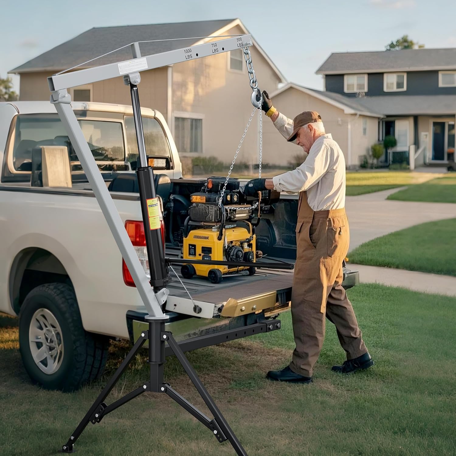 VEVOR 1000Lbs Hydraulic Pickup Truck Crane – 360° Swivel Receiver Hitch Hoist with 8T Pump & 3-Stage Boom for Construction, Farming, and Logging