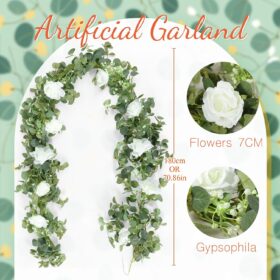 Mr & Mrs Wedding Table Decorations with 5.9ft Faux White Rose Garland - Rustic Wooden Letter Signs for Sweetheart Head Table, Engagement & Bridal Shower Centerpieces