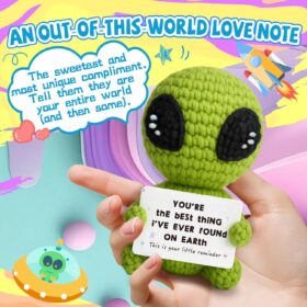 Handmade Crochet Alien Plush with Heartfelt Tag - Romantic 'Best Thing on Earth' Gift for Boyfriend, Girlfriend, Husband or Wife - Cute Unique Valentine's, Anniversary & Birthday Desk Decor